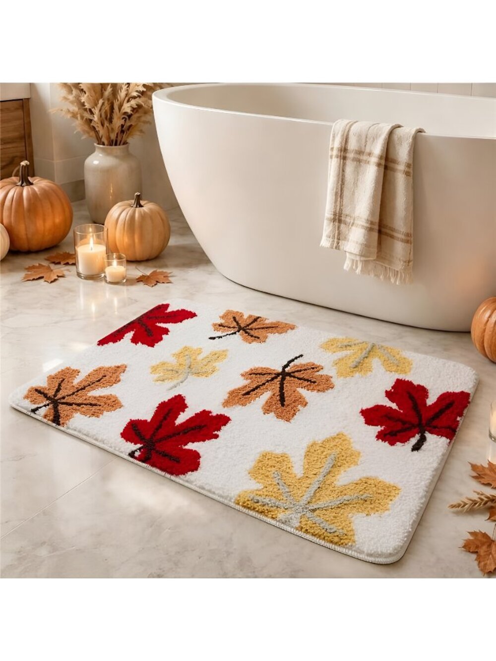 Fall Bathroom Rugs, Autumn White Bath Mat Non Slip Washable, 20"x30"